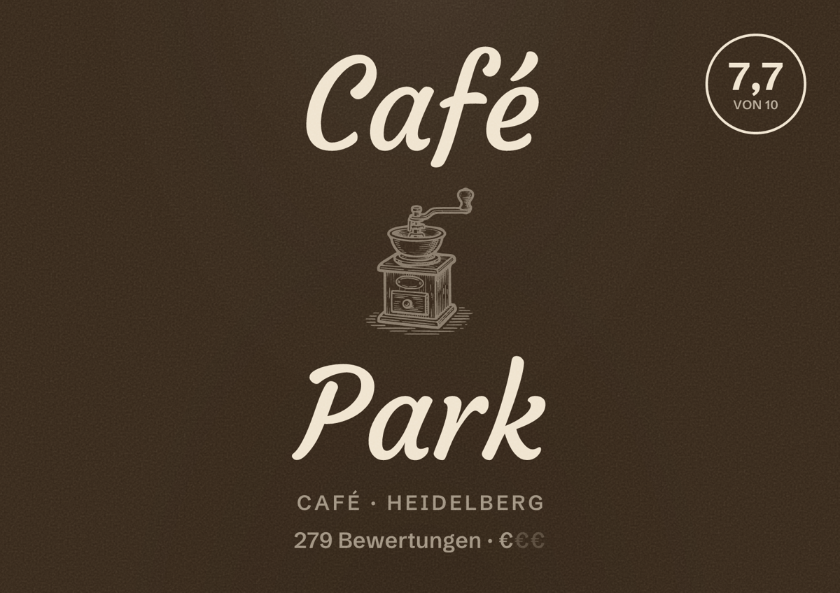 Illustriertes Poster von Café Park, Café in Heidelberg: Bewertung 7,7 von 10 aus 279 Bewertungen, Preisniveau €