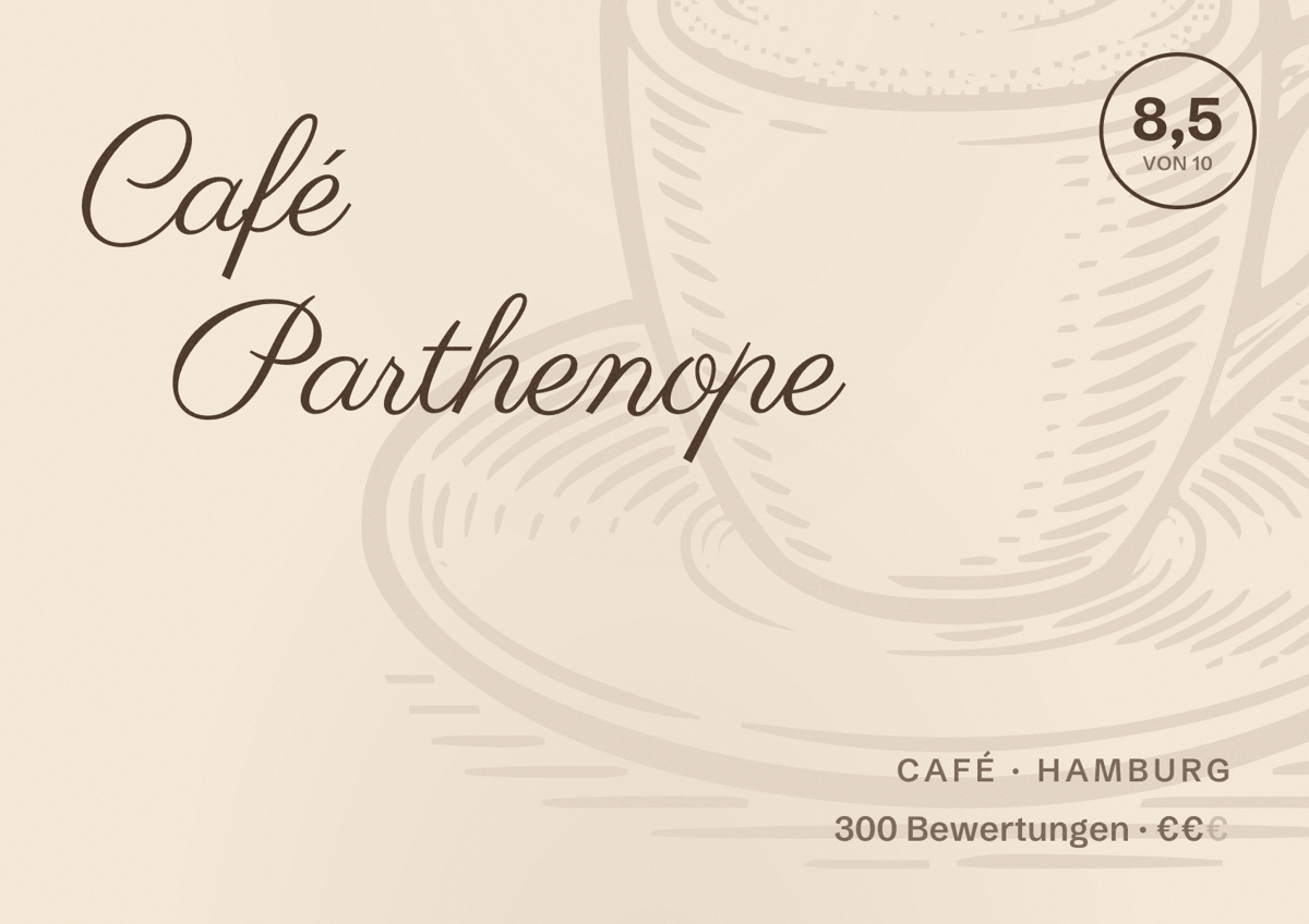 Illustriertes Poster von Café Parthenope, Café in Hamburg: Bewertung 8,5 von 10 aus 300 Bewertungen, Preisniveau €€