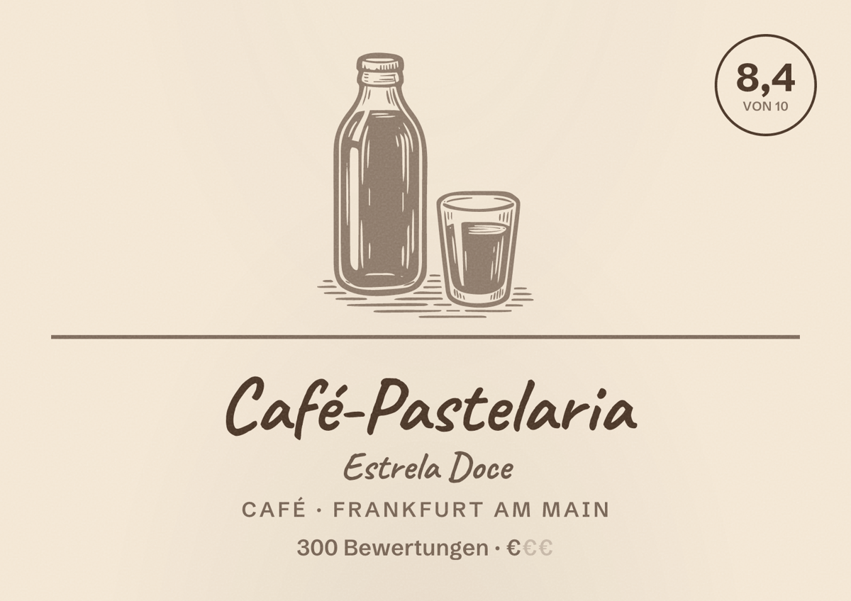 Illustriertes Poster von Café-Pastelaria Estrela Doce, Café in Frankfurt am Main: Bewertung 8,4 von 10 aus 300 Bewertungen, Preisniveau €