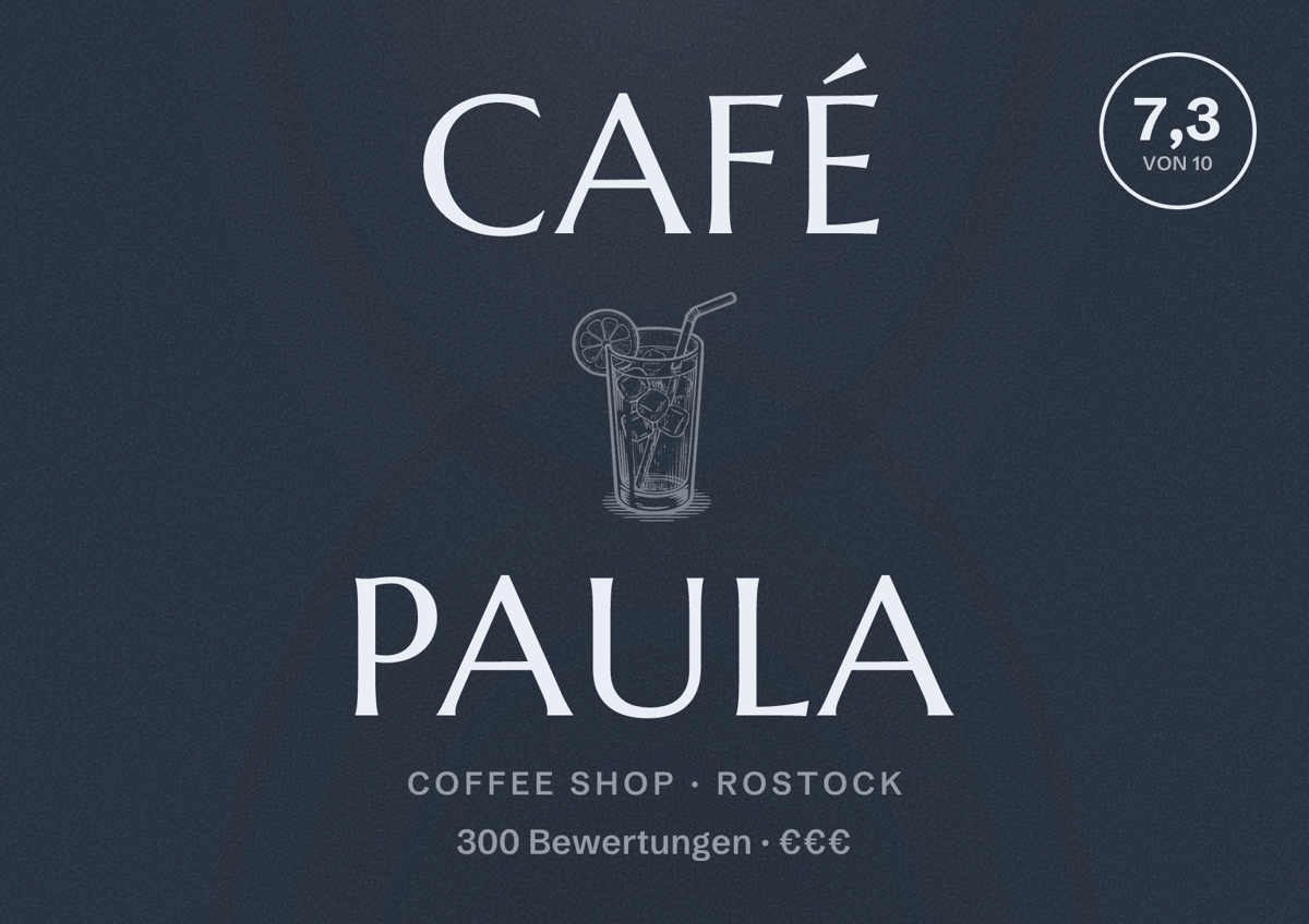 Illustriertes Poster von Café Paula, Coffee Shop in Rostock: Bewertung 7,3 von 10 aus 300 Bewertungen, Preisniveau €€€