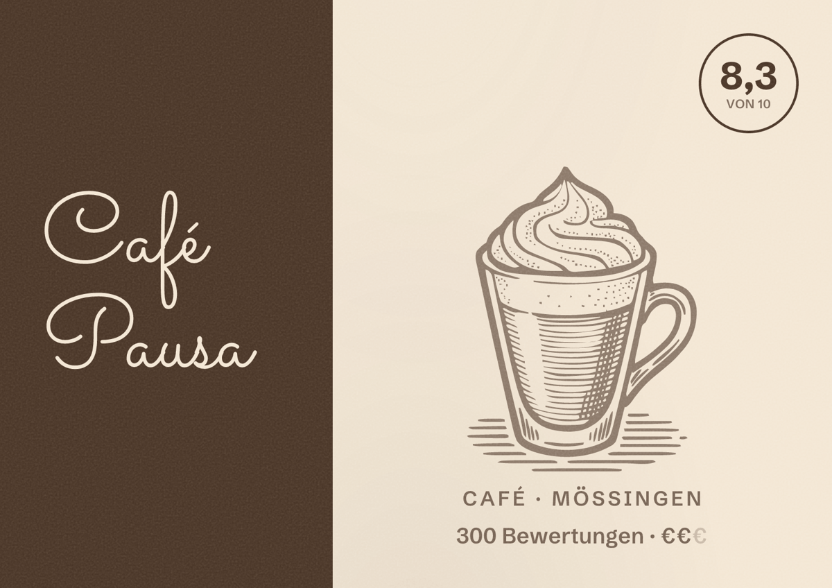 Illustriertes Poster von Café Pausa, Café in Mössingen: Bewertung 8,3 von 10 aus 300 Bewertungen, Preisniveau €€