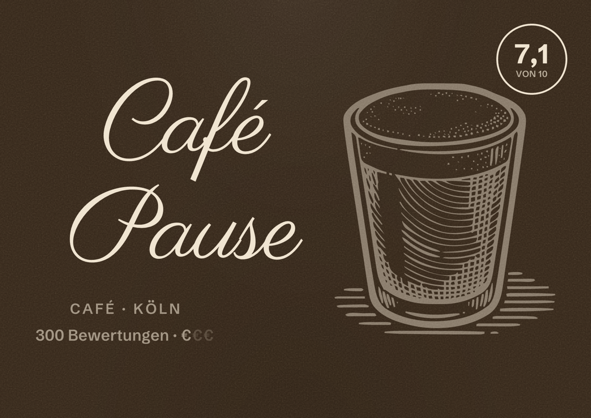 Illustriertes Poster von Café Pause, Café in Köln: Bewertung 7,1 von 10 aus 300 Bewertungen, Preisniveau €