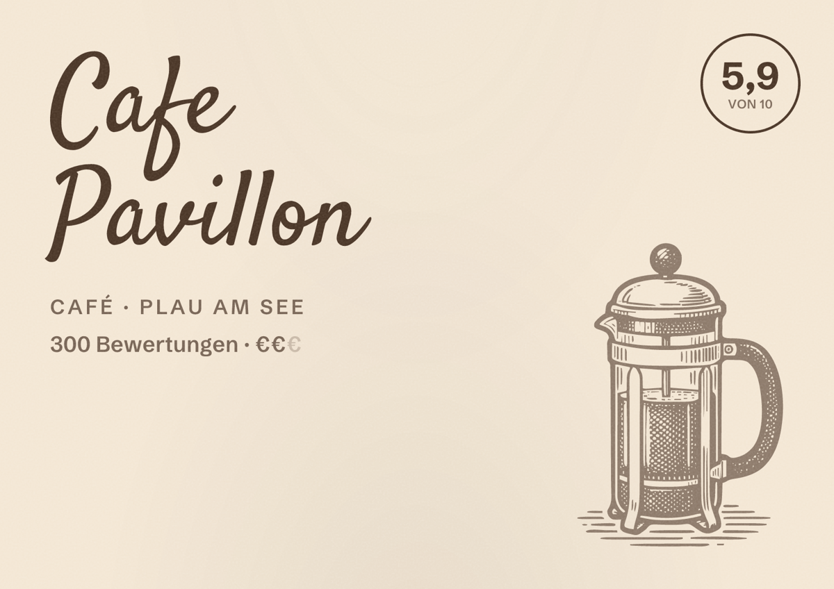 Illustriertes Poster von Cafe Pavillon, Café in Plau am See: Bewertung 5,9 von 10 aus 300 Bewertungen, Preisniveau €€