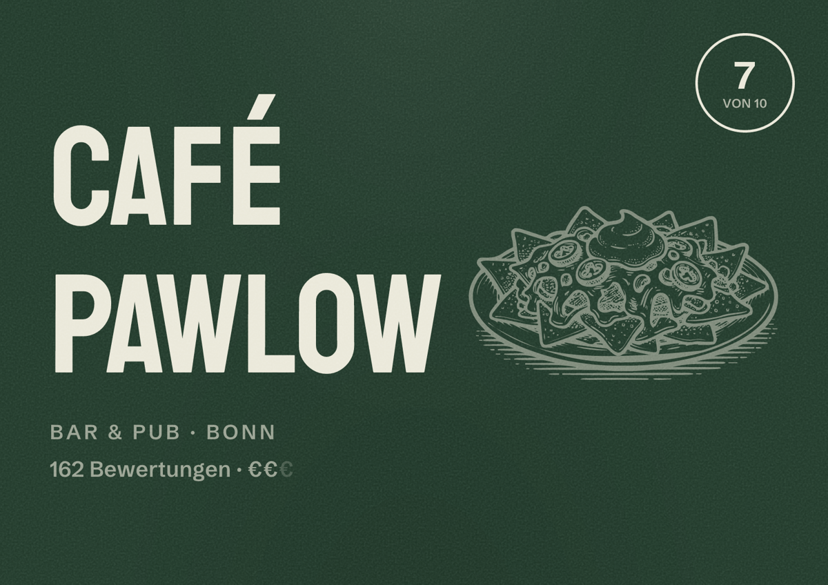 Illustriertes Poster von Café Pawlow, Bar & Pub in Bonn: Bewertung 7 von 10 aus 162 Bewertungen, Preisniveau €€
