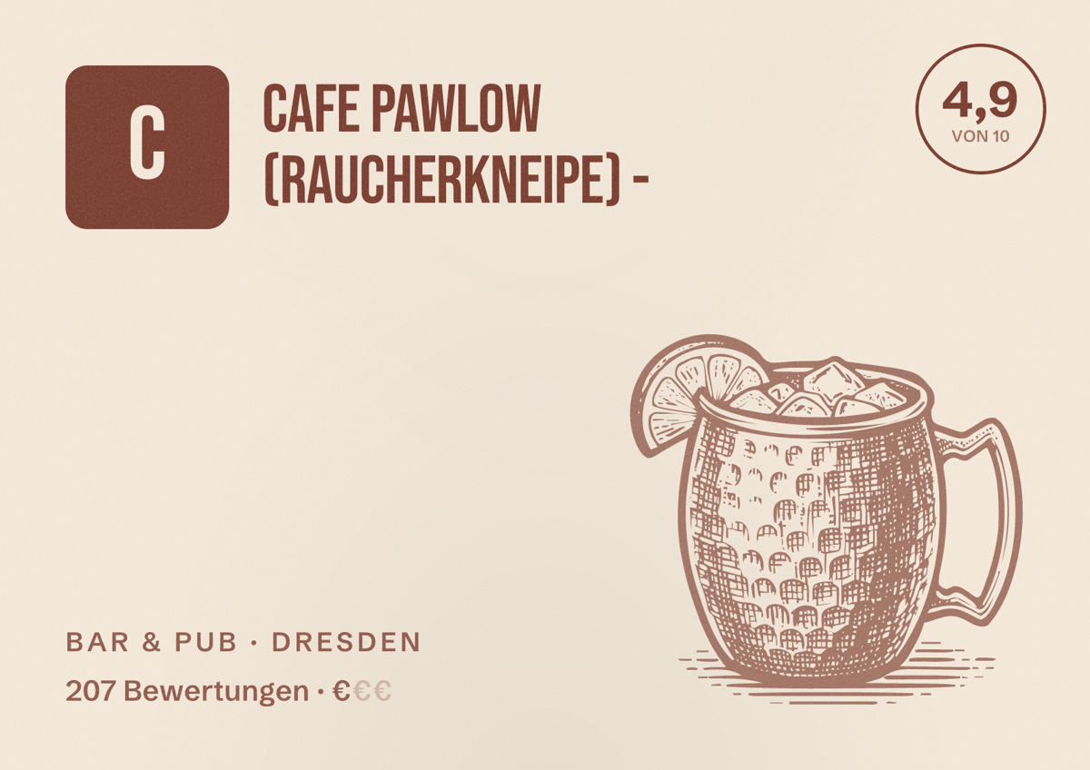 Illustriertes Poster von Cafe Pawlow (Raucherkneipe) -, Bar & Pub in Dresden: Bewertung 4,9 von 10 aus 207 Bewertungen, Preisniveau €