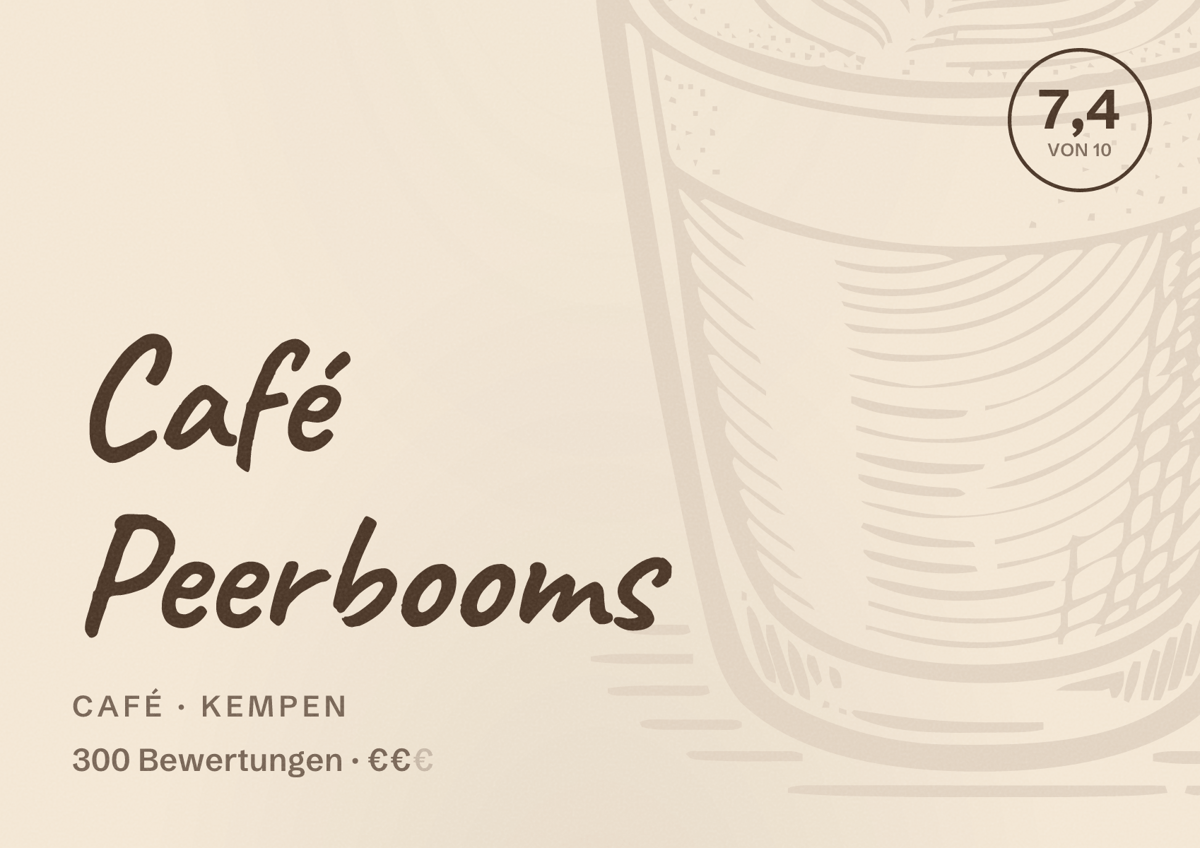 Illustriertes Poster von Café Peerbooms, Café in Kempen: Bewertung 7,4 von 10 aus 300 Bewertungen, Preisniveau €€