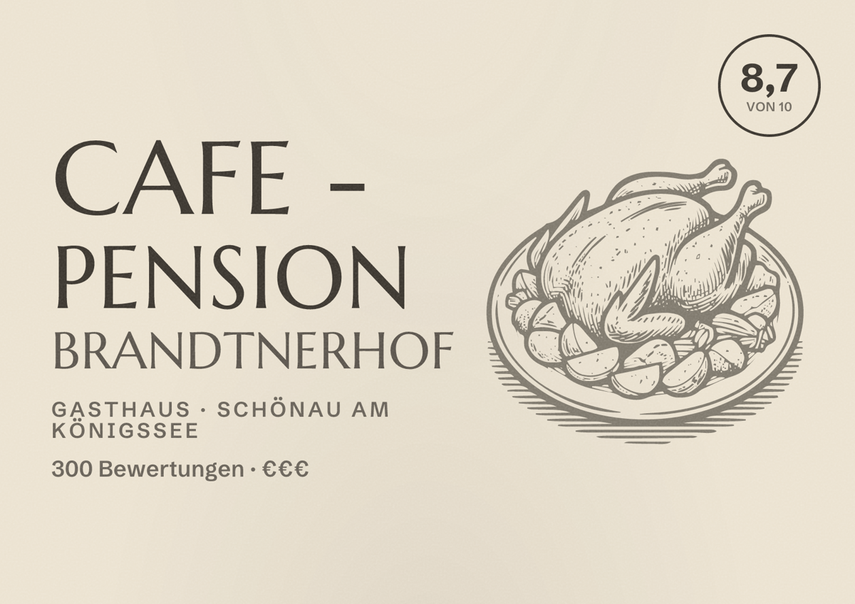 Illustriertes Poster von Cafe - Pension Brandtnerhof, Gasthaus in Schönau am Königssee: Bewertung 8,7 von 10 aus 300 Bewertungen, Preisniveau €€€