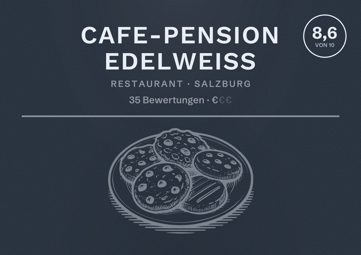 Illustriertes Poster von Cafe-Pension Edelweiß, Restaurant in Salzburg: Bewertung 8,6 von 10 aus 35 Bewertungen, Preisniveau €