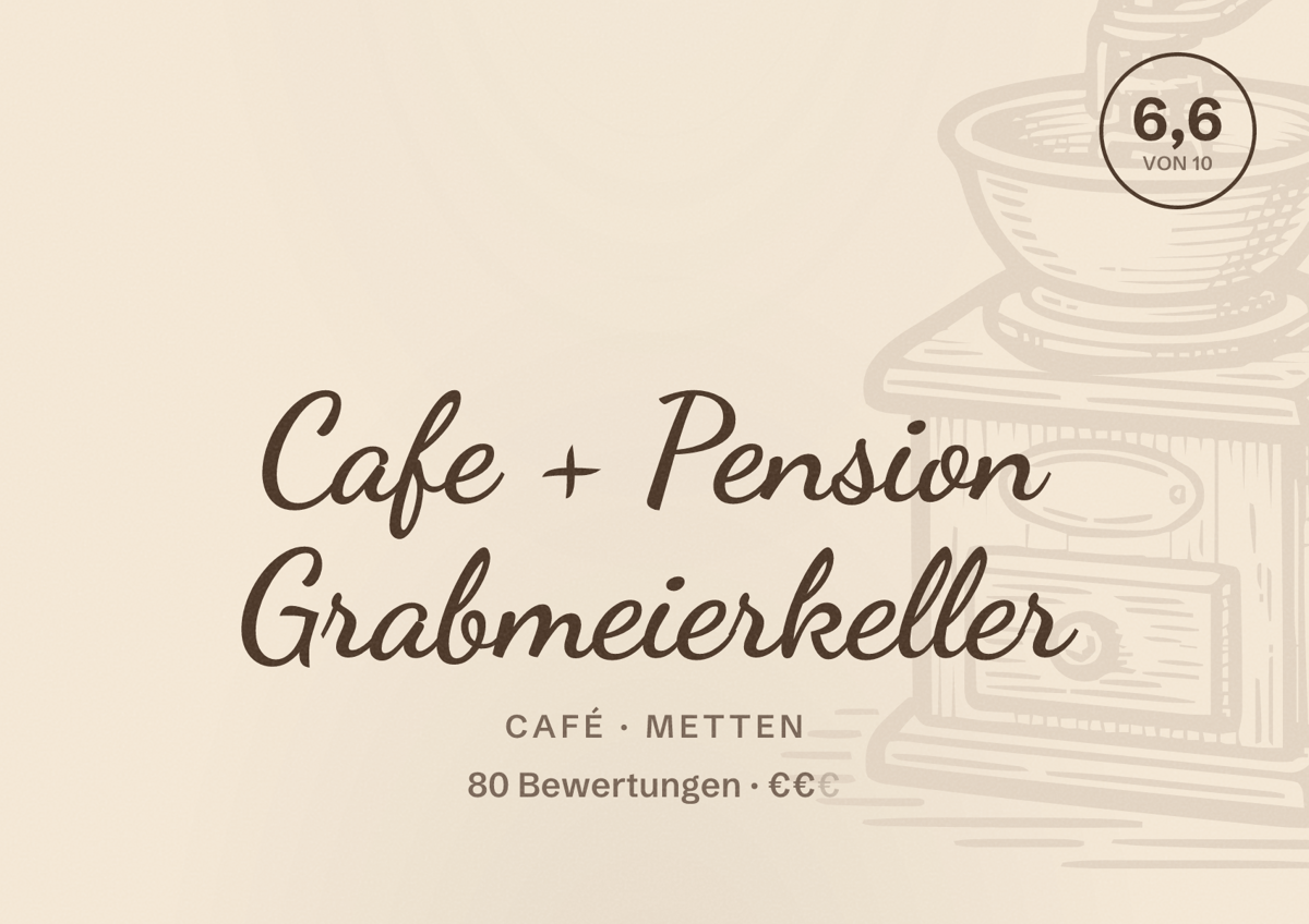 Illustriertes Poster von Cafe + Pension Grabmeierkeller, Café in Metten: Bewertung 6,6 von 10 aus 80 Bewertungen, Preisniveau €€