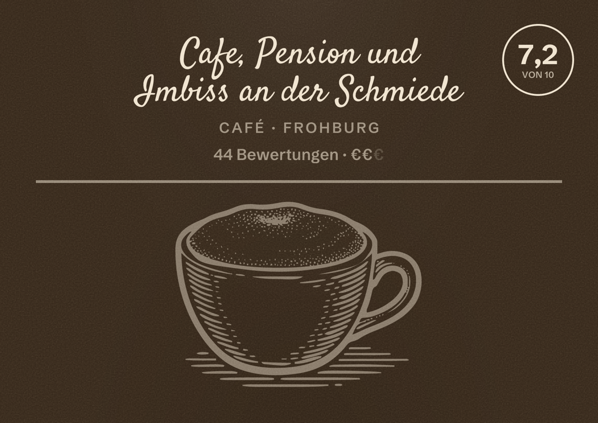 Illustriertes Poster von Cafe, Pension und Imbiss an der Schmiede, Café in Frohburg: Bewertung 7,2 von 10 aus 44 Bewertungen, Preisniveau €€