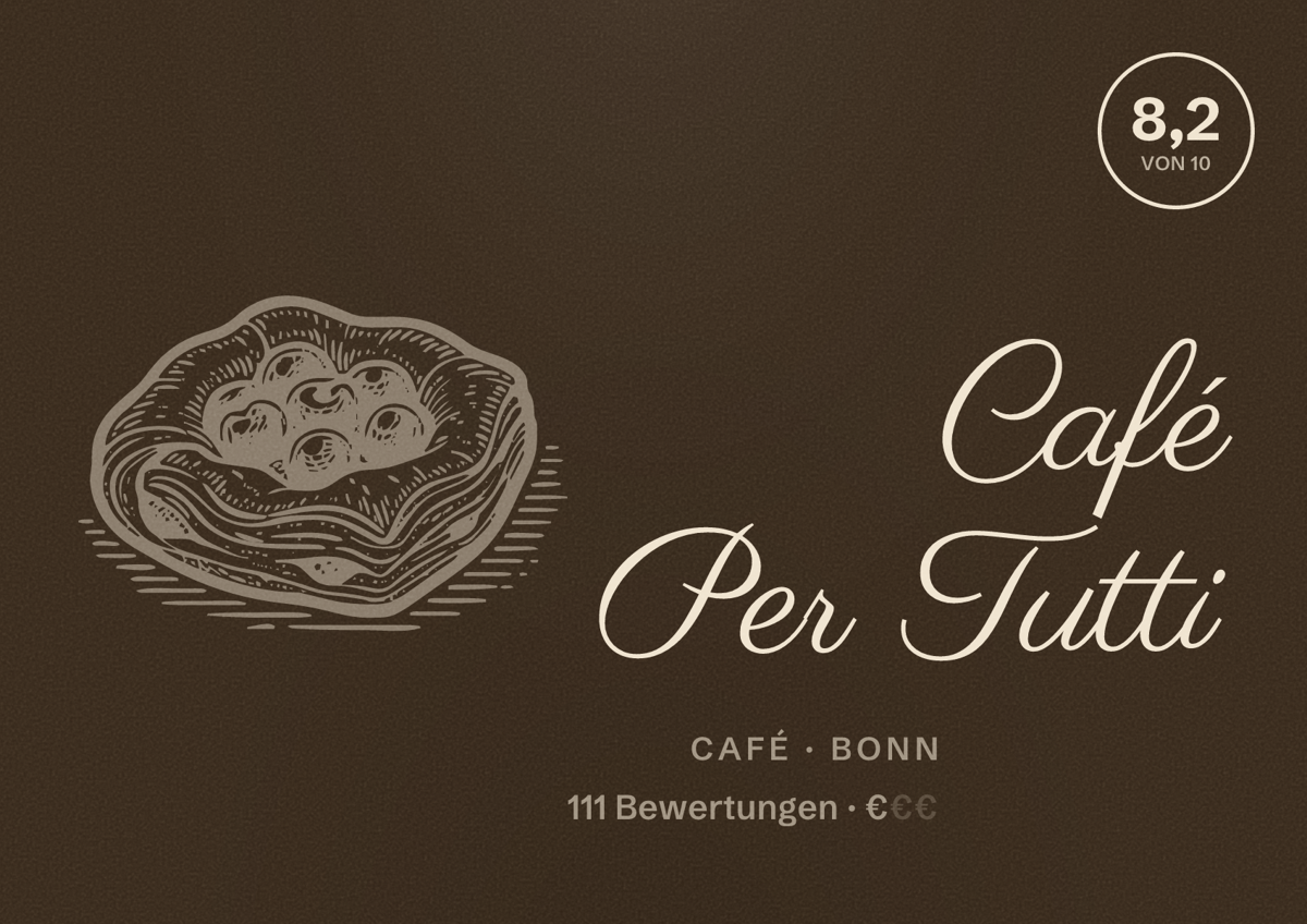 Illustriertes Poster von Café Per Tutti, Café in Bonn: Bewertung 8,2 von 10 aus 111 Bewertungen, Preisniveau €