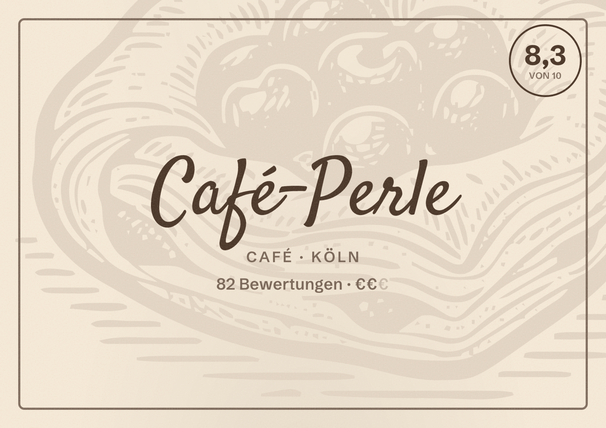 Illustriertes Poster von Café-Perle, Café in Köln: Bewertung 8,3 von 10 aus 82 Bewertungen, Preisniveau €€