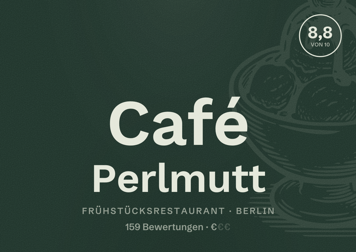 Illustriertes Poster von Café Perlmutt, Frühstücksrestaurant in Berlin: Bewertung 8,8 von 10 aus 159 Bewertungen, Preisniveau €