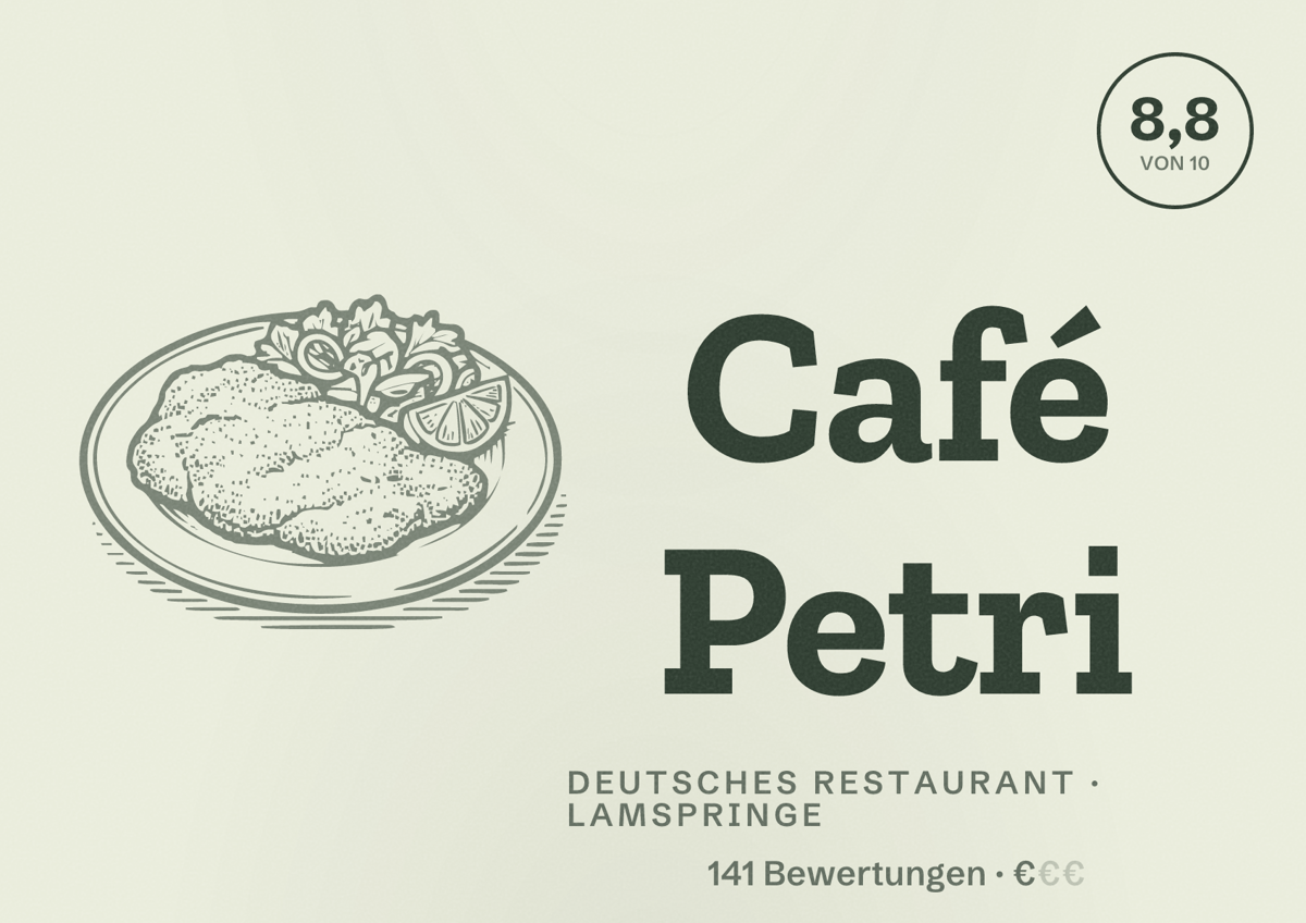 Illustriertes Poster von Café Petri, Deutsches Restaurant in Lamspringe: Bewertung 8,8 von 10 aus 141 Bewertungen, Preisniveau €