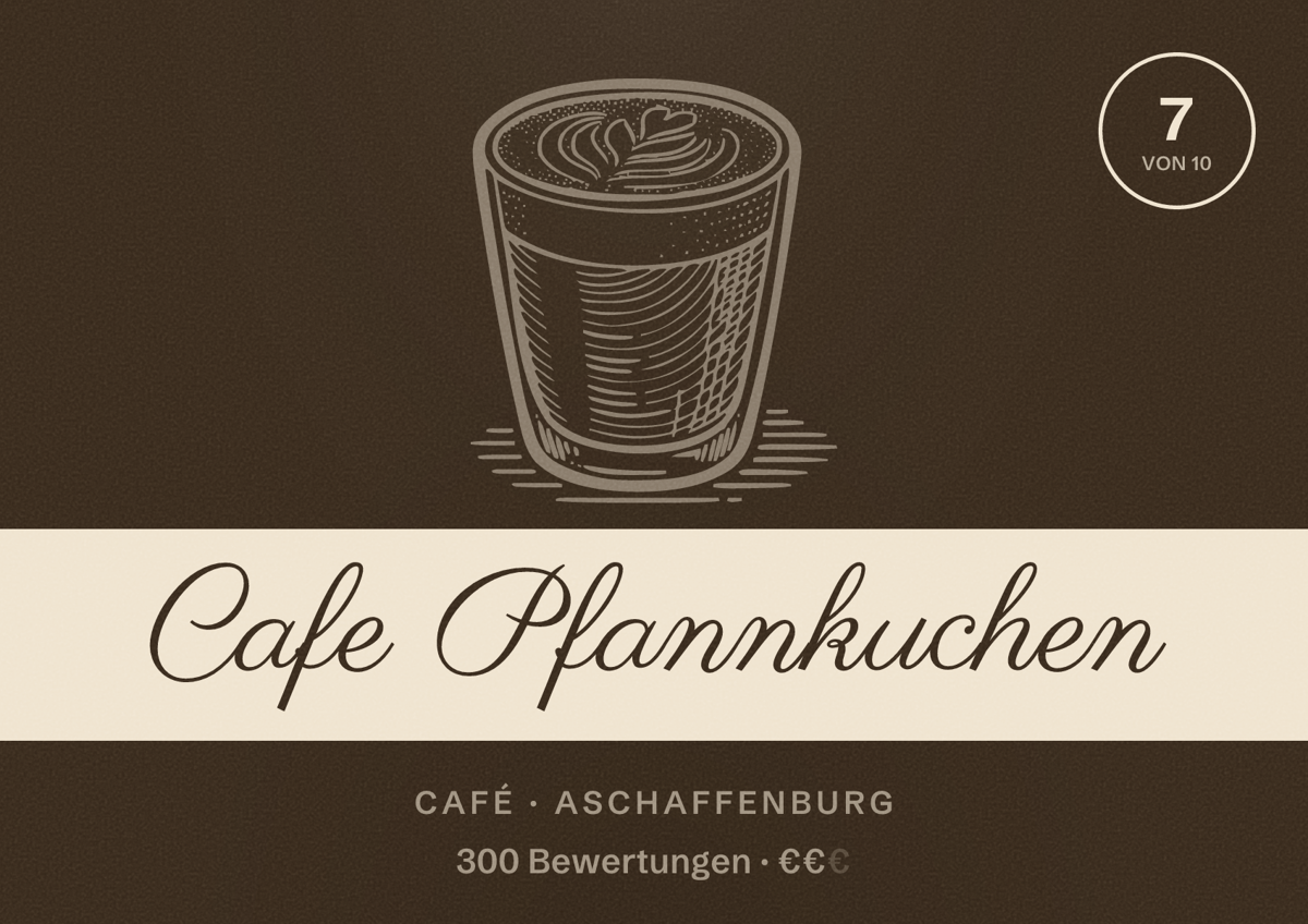 Illustriertes Poster von Cafe Pfannkuchen, Café in Aschaffenburg: Bewertung 7 von 10 aus 300 Bewertungen, Preisniveau €€