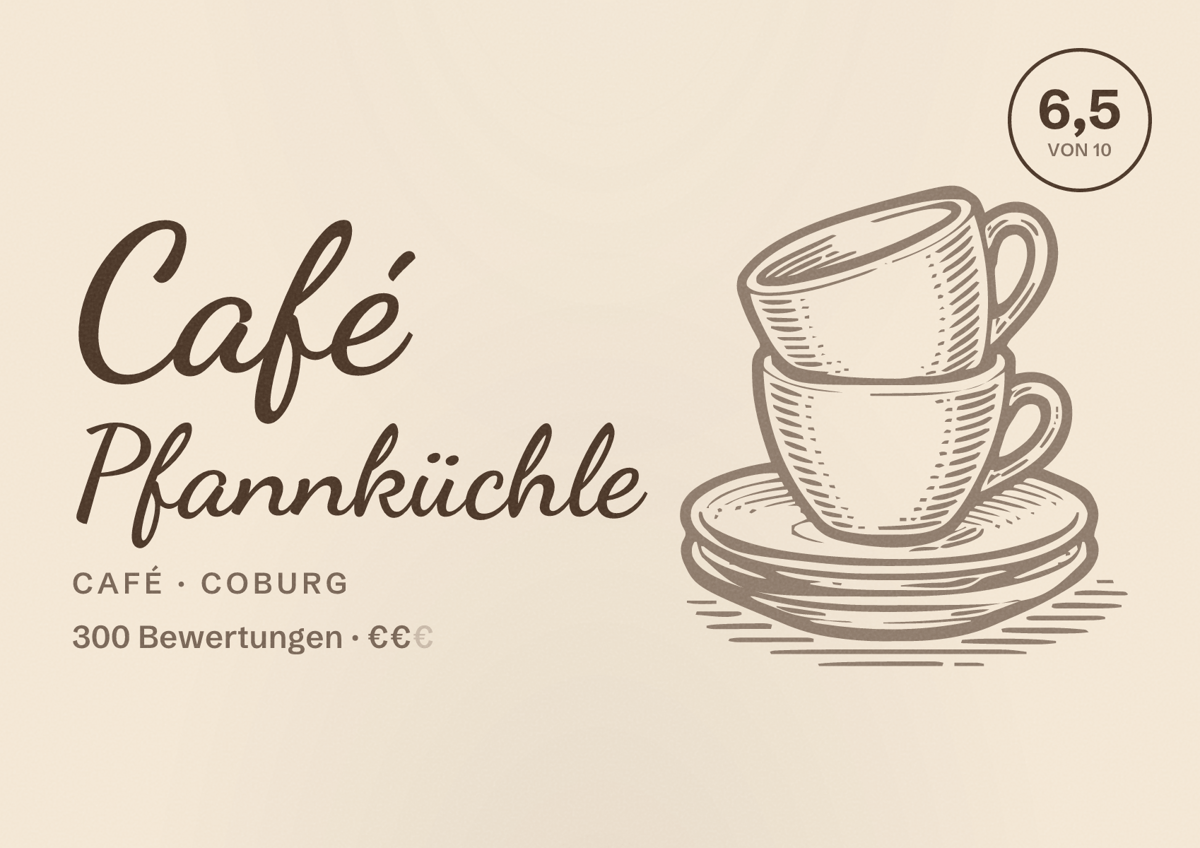 Illustriertes Poster von Café Pfannküchle, Café in Coburg: Bewertung 6,5 von 10 aus 300 Bewertungen, Preisniveau €€