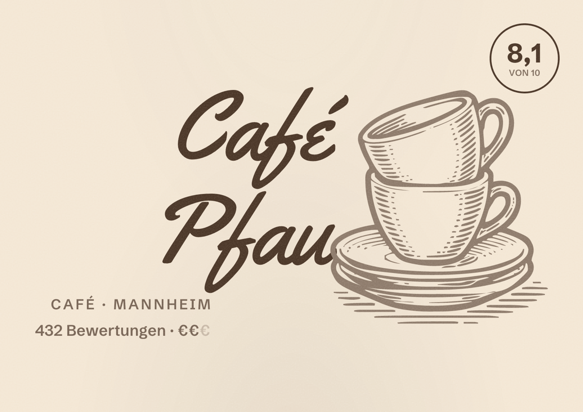 Illustriertes Poster von Café Pfau, Café in Mannheim: Bewertung 8,1 von 10 aus 432 Bewertungen, Preisniveau €€