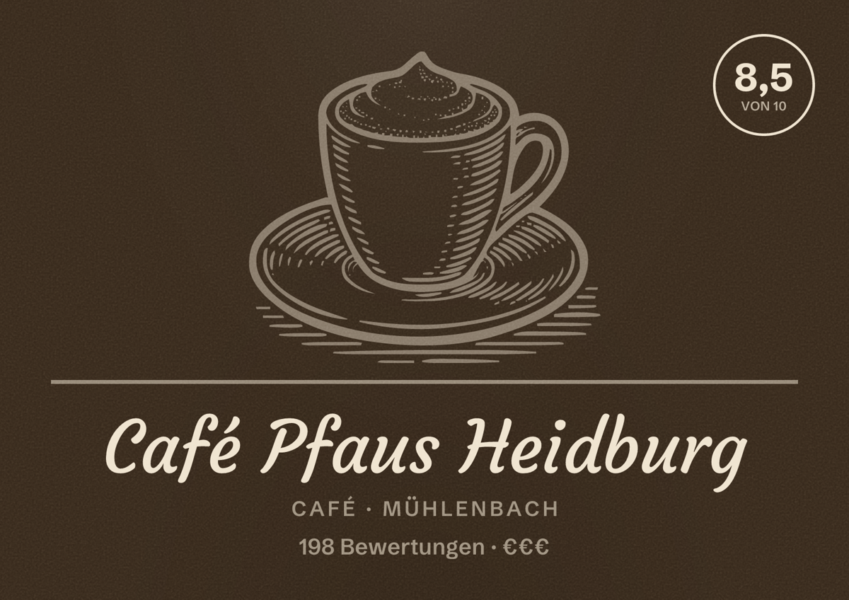 Illustriertes Poster von Café Pfaus Heidburg, Café in Mühlenbach: Bewertung 8,5 von 10 aus 198 Bewertungen, Preisniveau €€€