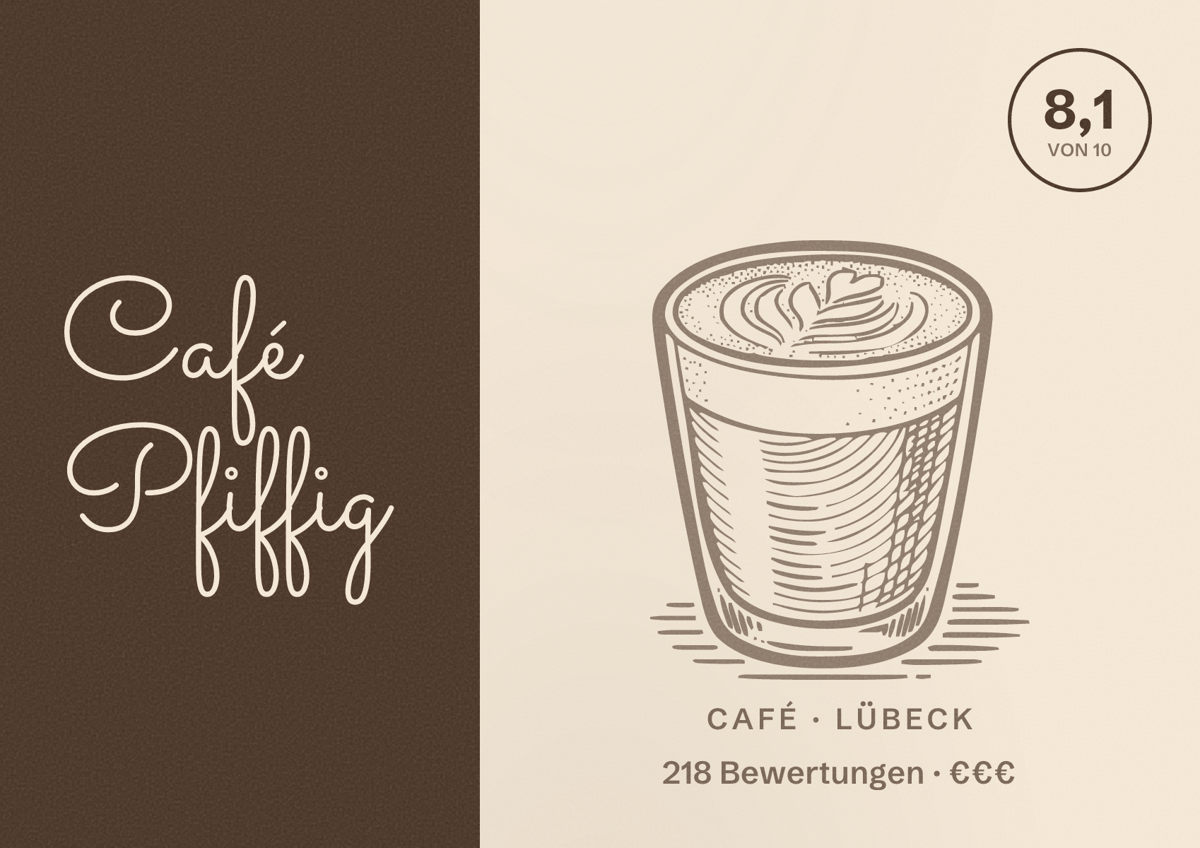 Illustriertes Poster von Café Pfiffig, Café in Lübeck: Bewertung 8,1 von 10 aus 218 Bewertungen, Preisniveau €€€