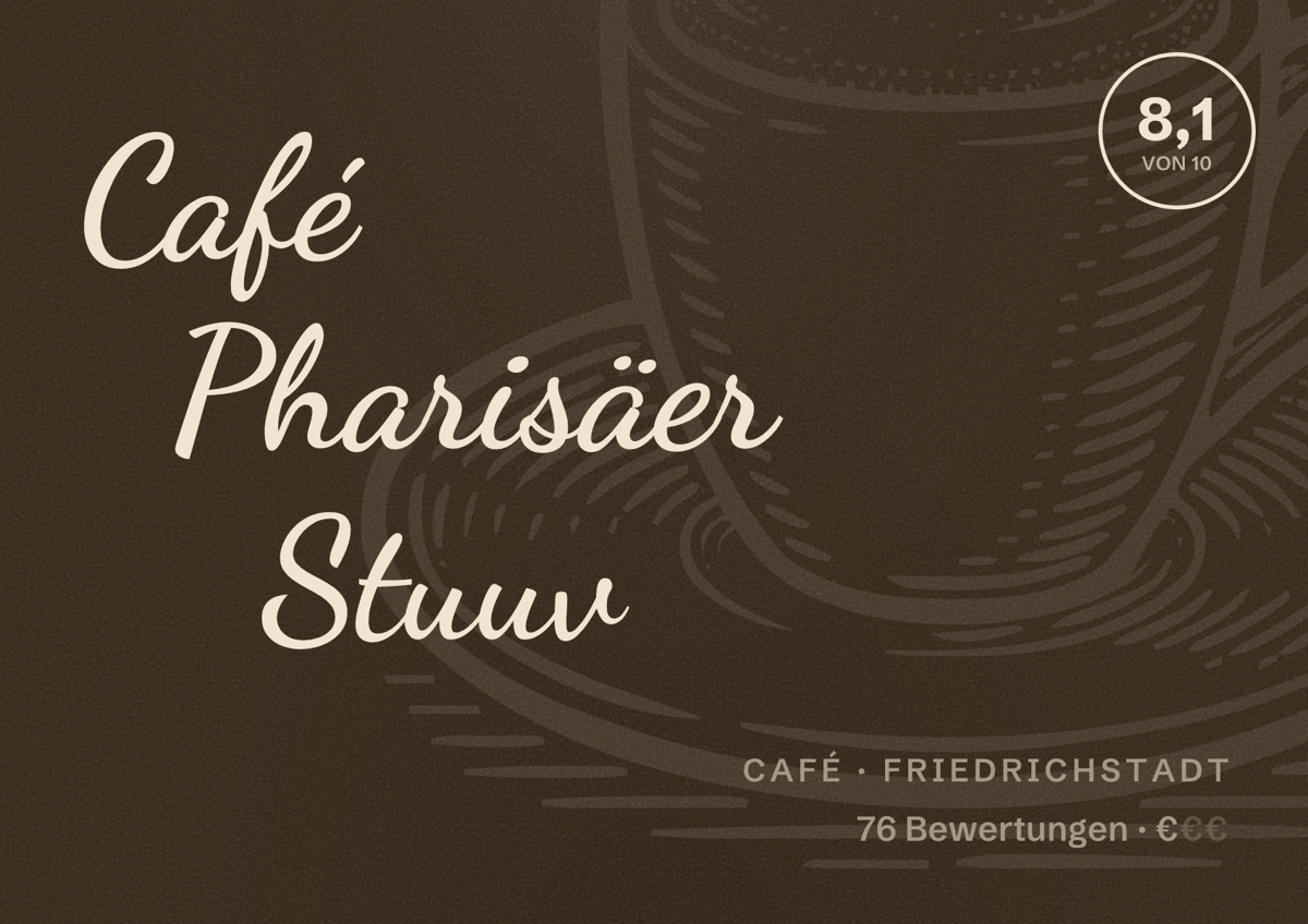 Illustriertes Poster von Café Pharisäer Stuuv, Café in Friedrichstadt: Bewertung 8,1 von 10 aus 76 Bewertungen, Preisniveau €