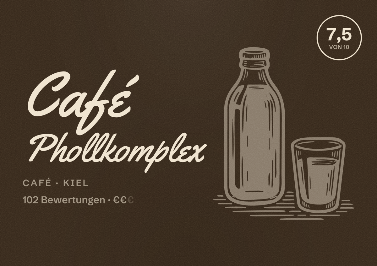 Illustriertes Poster von Café Phollkomplex, Café in Kiel: Bewertung 7,5 von 10 aus 102 Bewertungen, Preisniveau €€