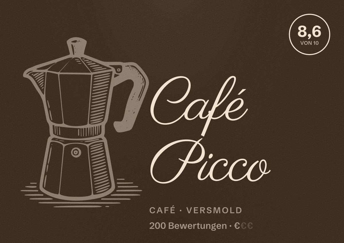 Illustriertes Poster von Café Picco, Café in Versmold: Bewertung 8,6 von 10 aus 200 Bewertungen, Preisniveau €