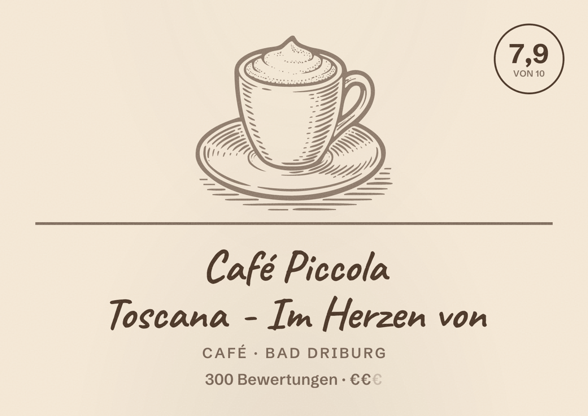Illustriertes Poster von Café Piccola Toscana - Im Herzen von, Café in Bad Driburg: Bewertung 7,9 von 10 aus 300 Bewertungen, Preisniveau €€