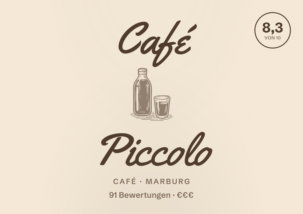 Illustriertes Poster von Café Piccolo, Café in Marburg: Bewertung 8,3 von 10 aus 91 Bewertungen, Preisniveau €€€