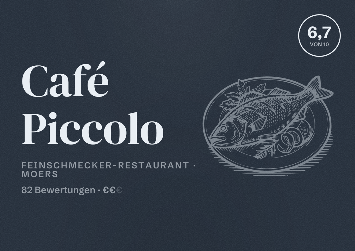Illustriertes Poster von Café Piccolo, Feinschmecker-Restaurant in Moers: Bewertung 6,7 von 10 aus 82 Bewertungen, Preisniveau €€