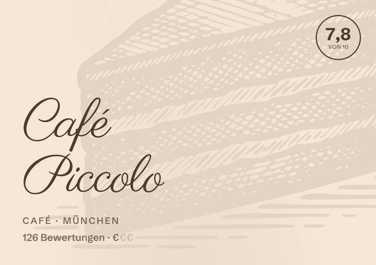 Illustriertes Poster von Café Piccolo, Café in München: Bewertung 7,8 von 10 aus 126 Bewertungen, Preisniveau €