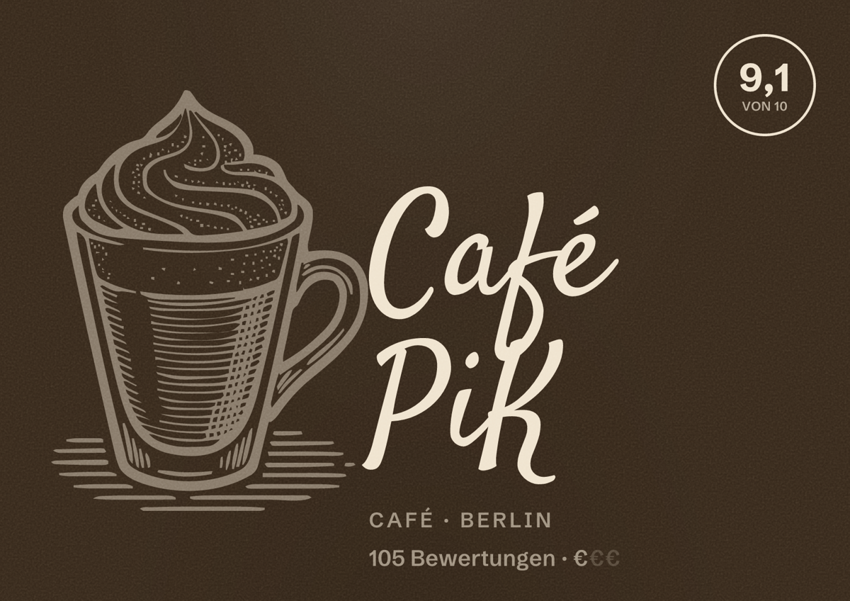 Illustriertes Poster von Café PiK, Café in Berlin: Bewertung 9,1 von 10 aus 105 Bewertungen, Preisniveau €