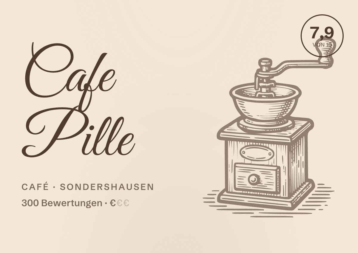 Illustriertes Poster von Cafe Pille, Café in Sondershausen: Bewertung 7,9 von 10 aus 300 Bewertungen, Preisniveau €