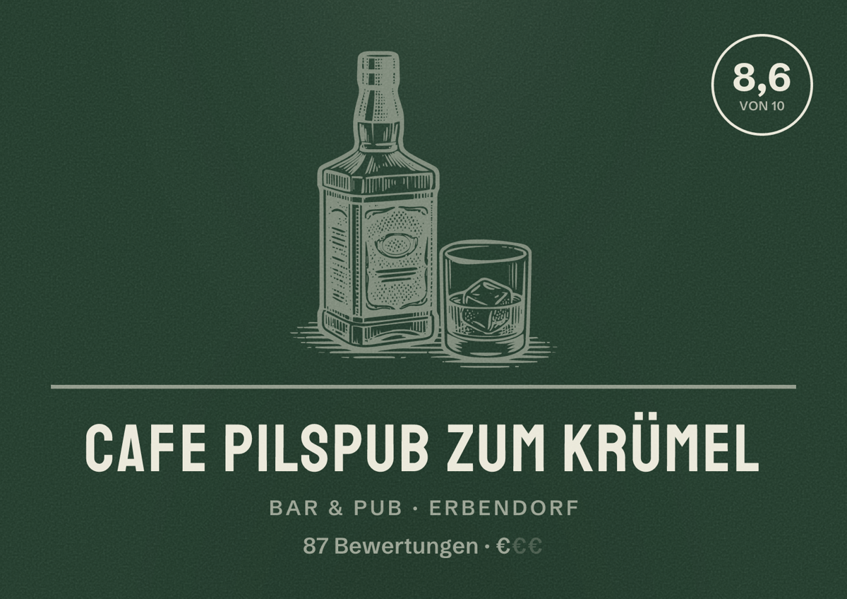 Illustriertes Poster von Cafe Pilspub Zum Krümel, Bar & Pub in Erbendorf: Bewertung 8,6 von 10 aus 87 Bewertungen, Preisniveau €