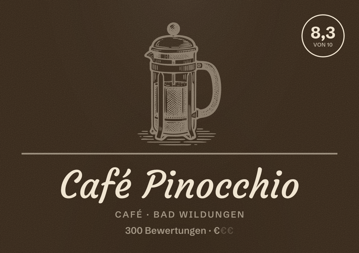 Illustriertes Poster von Café Pinocchio, Café in Bad Wildungen: Bewertung 8,3 von 10 aus 300 Bewertungen, Preisniveau €