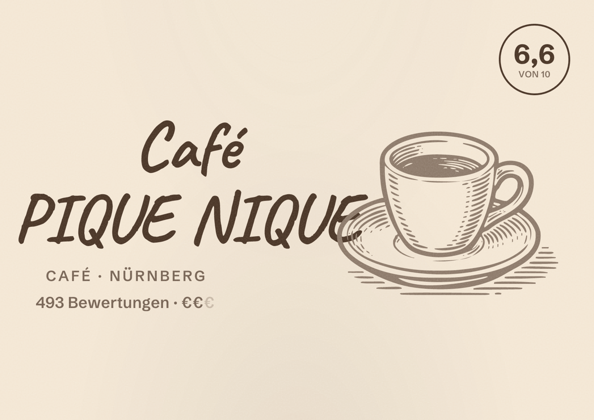 Illustriertes Poster von Café PIQUE NIQUE, Café in Nürnberg: Bewertung 6,6 von 10 aus 493 Bewertungen, Preisniveau €€