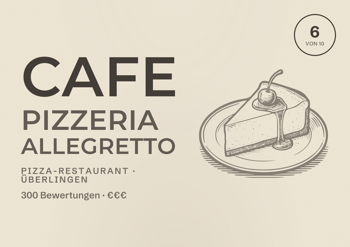 Illustriertes Poster von Cafe Pizzeria Allegretto, Pizza-Restaurant in Überlingen: Bewertung 6 von 10 aus 300 Bewertungen, Preisniveau €€€