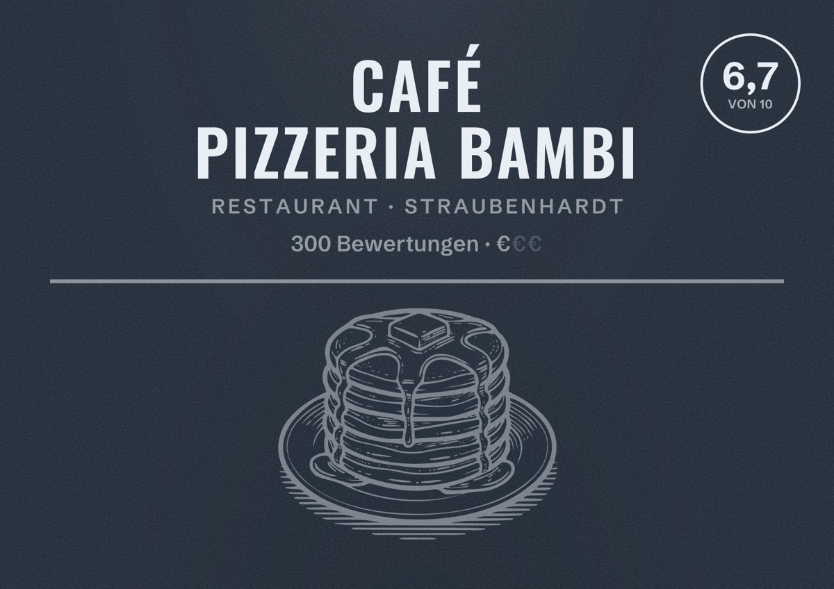 Illustriertes Poster von Café Pizzeria Bambi, Restaurant in Straubenhardt: Bewertung 6,7 von 10 aus 300 Bewertungen, Preisniveau €