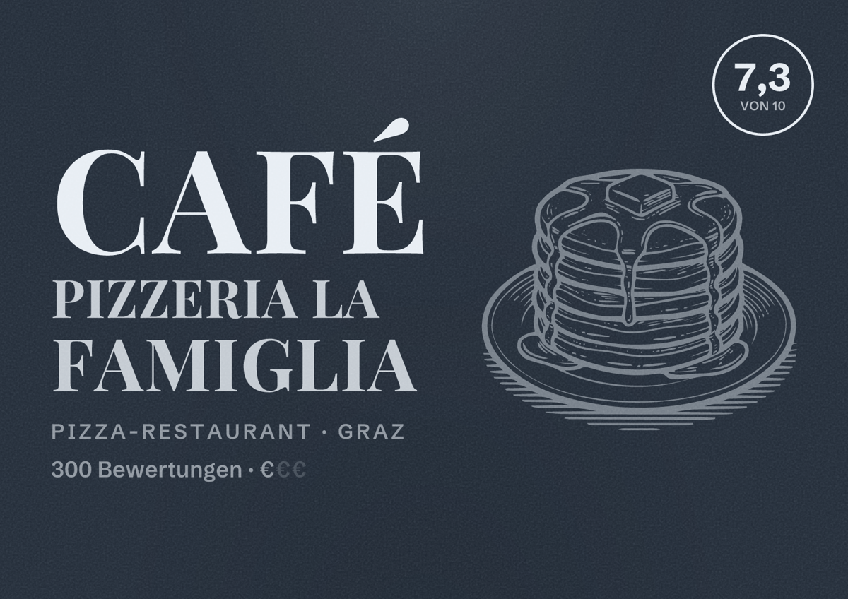 Illustriertes Poster von Café Pizzeria la Famiglia, Pizza-Restaurant in Graz: Bewertung 7,3 von 10 aus 300 Bewertungen, Preisniveau €
