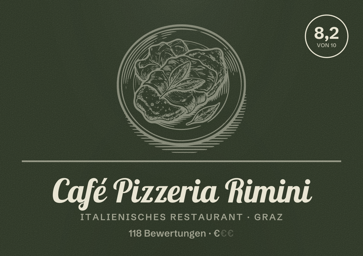 Illustriertes Poster von Café Pizzeria Rimini, Italienisches Restaurant in Graz: Bewertung 8,2 von 10 aus 118 Bewertungen, Preisniveau €