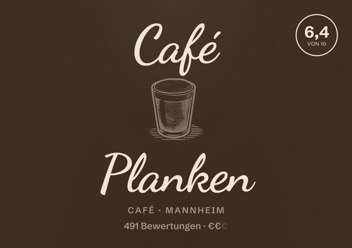 Illustriertes Poster von Café Planken, Café in Mannheim: Bewertung 6,4 von 10 aus 491 Bewertungen, Preisniveau €€