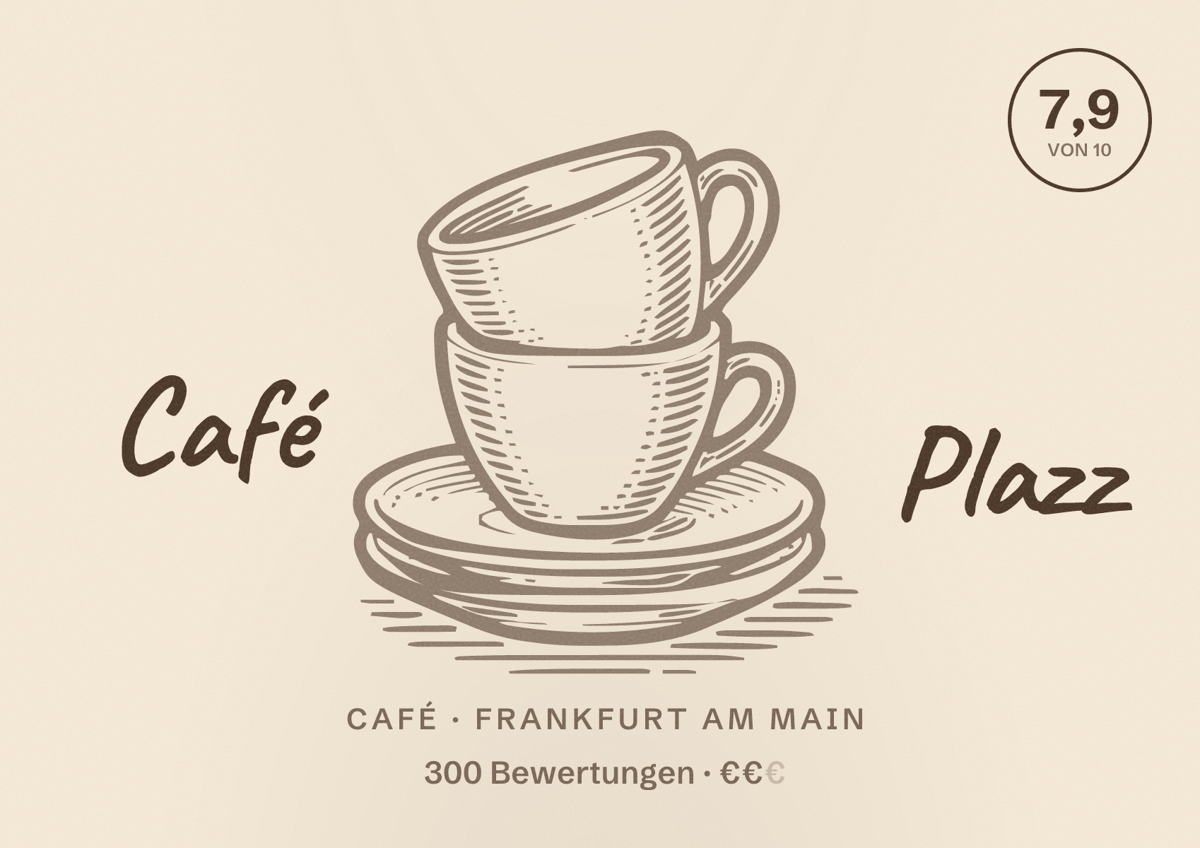 Illustriertes Poster von Café Plazz, Café in Frankfurt am Main: Bewertung 7,9 von 10 aus 300 Bewertungen, Preisniveau €€