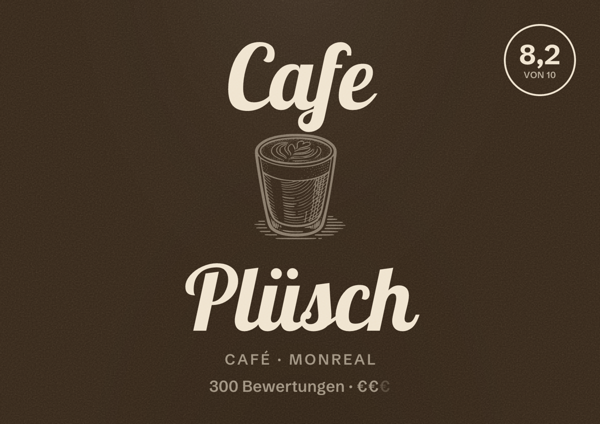 Illustriertes Poster von Cafe Plüsch, Café in Monreal: Bewertung 8,2 von 10 aus 300 Bewertungen, Preisniveau €€