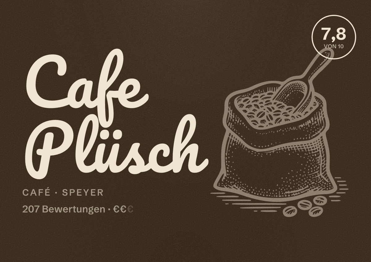 Illustriertes Poster von Cafe Plüsch, Café in Speyer: Bewertung 7,8 von 10 aus 207 Bewertungen, Preisniveau €€