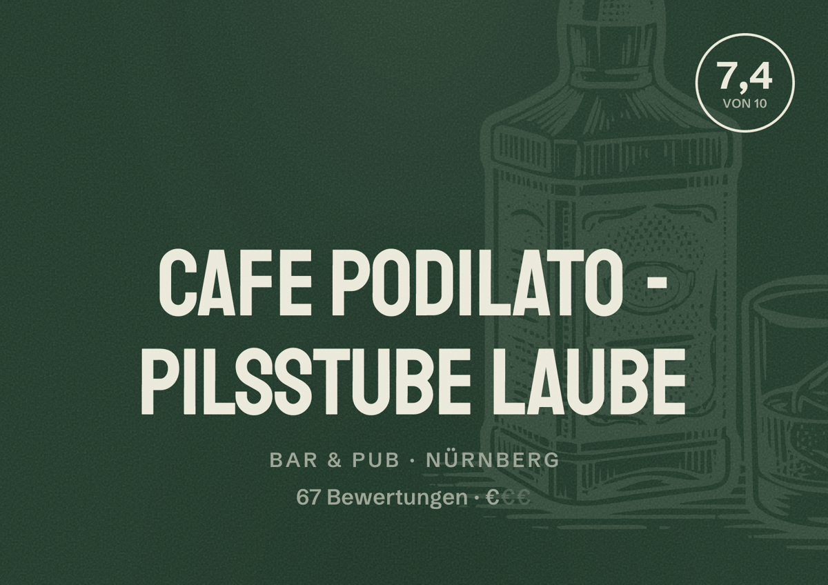 Illustriertes Poster von Cafe Podilato - Pilsstube Laube, Bar & Pub in Nürnberg: Bewertung 7,4 von 10 aus 67 Bewertungen, Preisniveau €