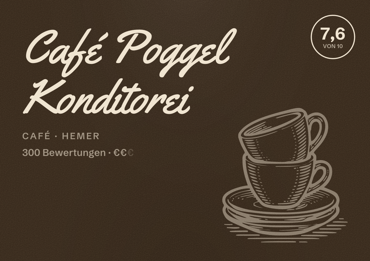 Illustriertes Poster von Café Poggel Konditorei, Café in Hemer: Bewertung 7,6 von 10 aus 300 Bewertungen, Preisniveau €€