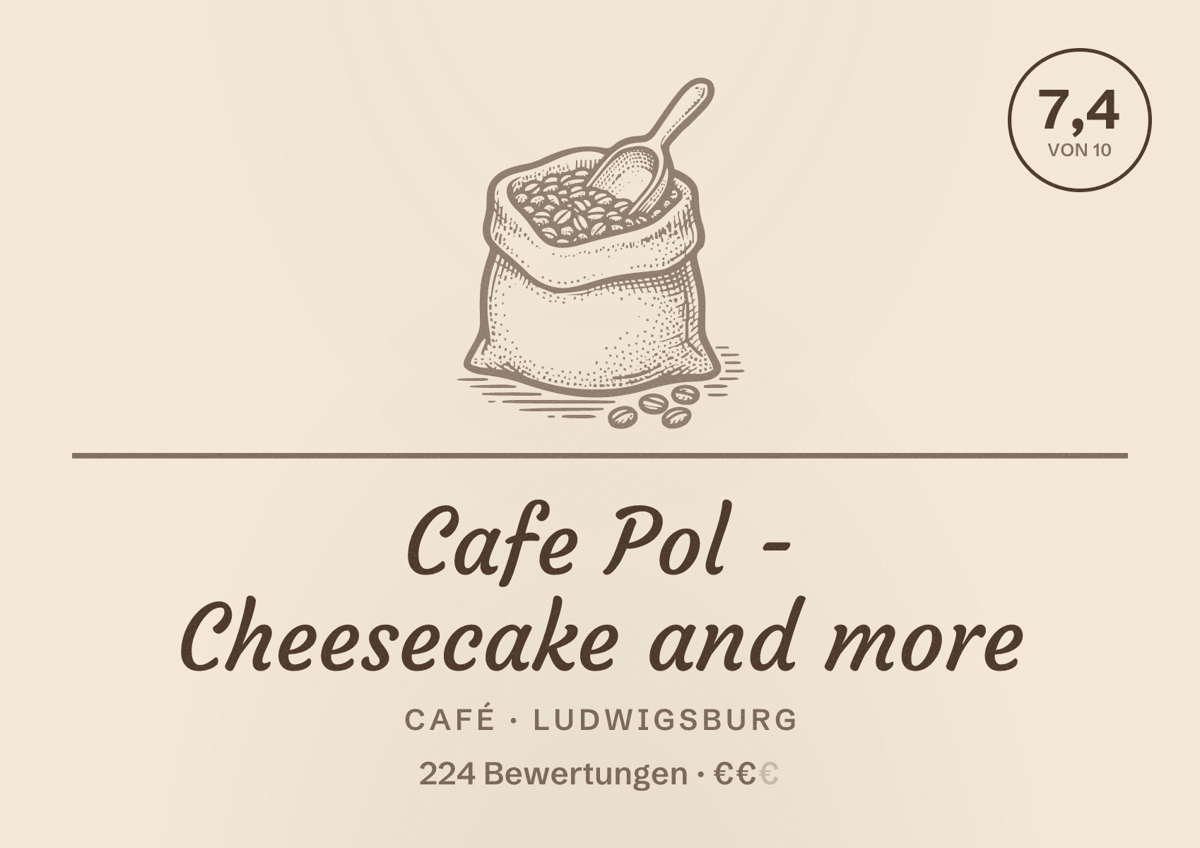 Illustriertes Poster von Cafe Pol - Cheesecake and more, Café in Ludwigsburg: Bewertung 7,4 von 10 aus 224 Bewertungen, Preisniveau €€