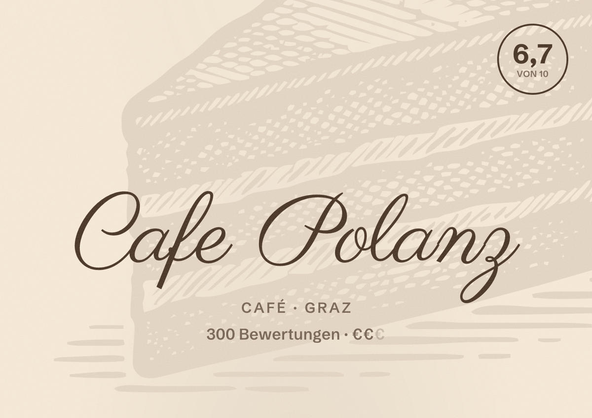 Illustriertes Poster von Cafe Polanz, Café in Graz: Bewertung 6,7 von 10 aus 300 Bewertungen, Preisniveau €€