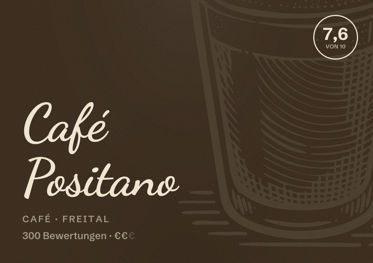 Illustriertes Poster von Café Positano, Café in Freital: Bewertung 7,6 von 10 aus 300 Bewertungen, Preisniveau €€