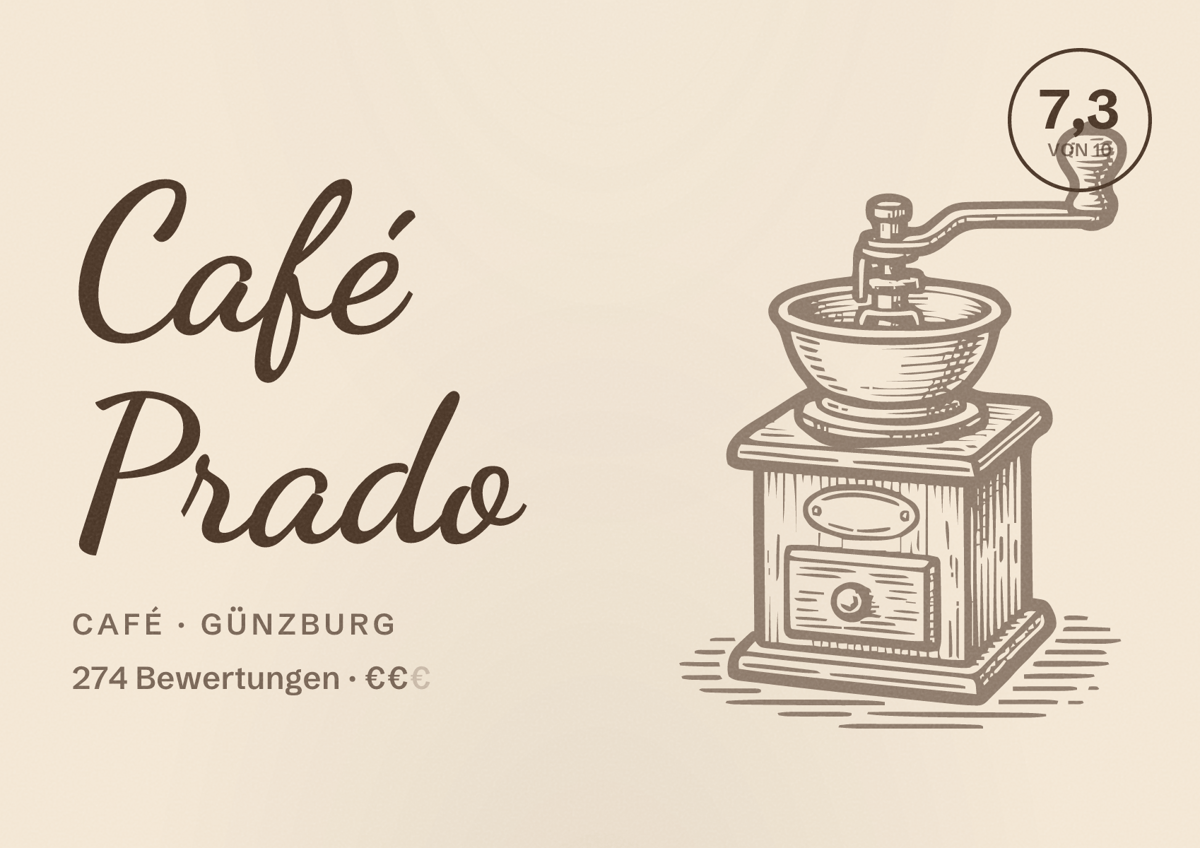 Illustriertes Poster von Café Prado, Café in Günzburg: Bewertung 7,3 von 10 aus 274 Bewertungen, Preisniveau €€