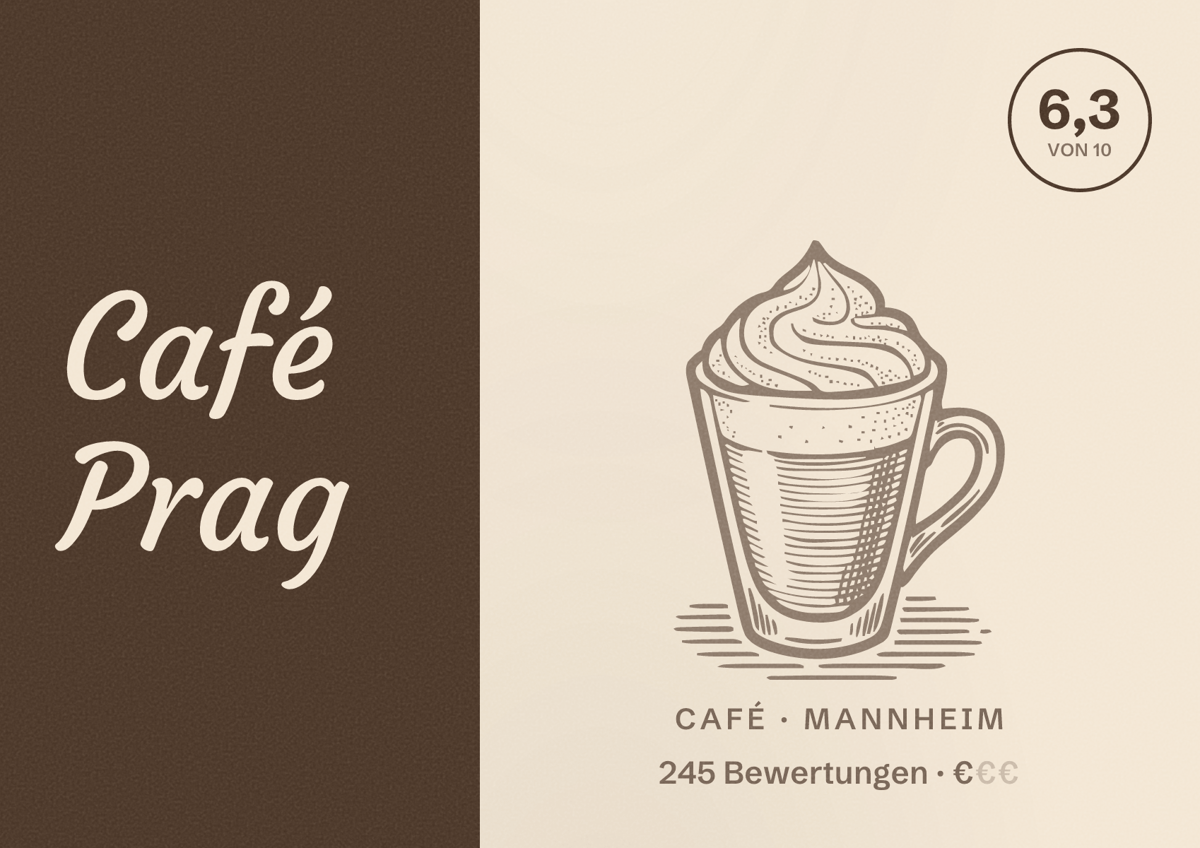 Illustriertes Poster von Café Prag, Café in Mannheim: Bewertung 6,3 von 10 aus 245 Bewertungen, Preisniveau €